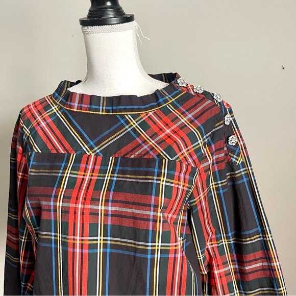 J. CREW | Plaid Rhinestone Button Shoulder Long Sleeve High-Low Top z 8 - Picture 3 of 12